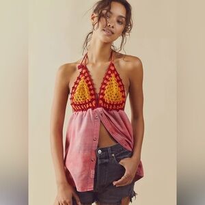 NWT Free People x Tricia Fix Crochet Halter Top Repurposed Vintage Fabric